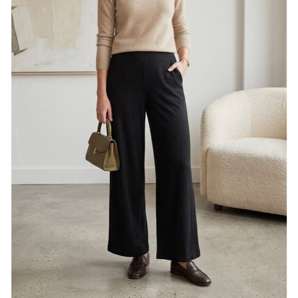 Max Studio London Black Wide Leg Knit Pants Womens Size L Pull On Elastic